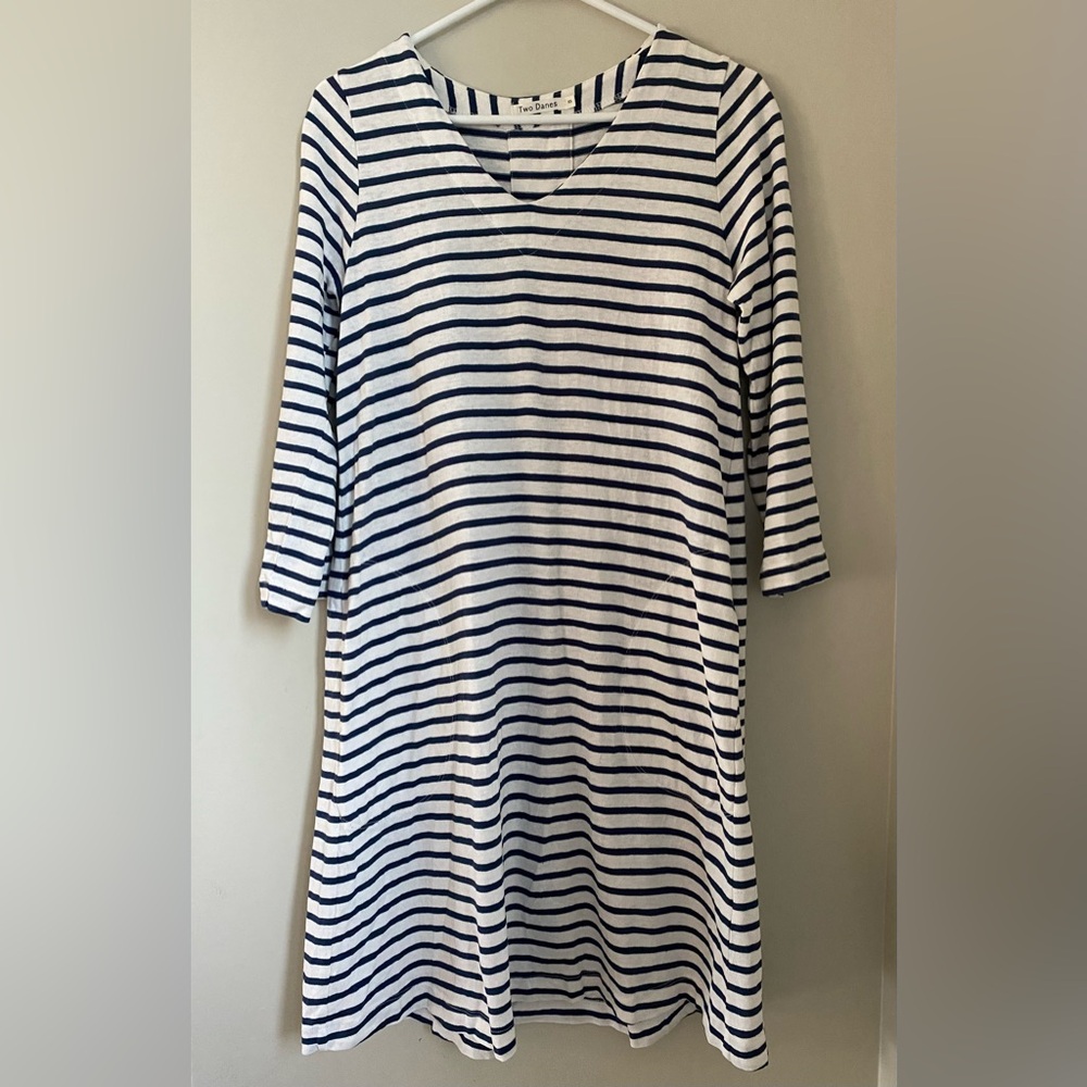 Two Danes Hemp Cotton Striped Blue & White Coastal Dress Size XS Cottagecore - Picture 2 of 11